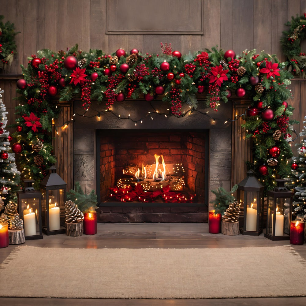 Christmas Fireplace Red Berries Lanterns Backdrop UK RR7-632