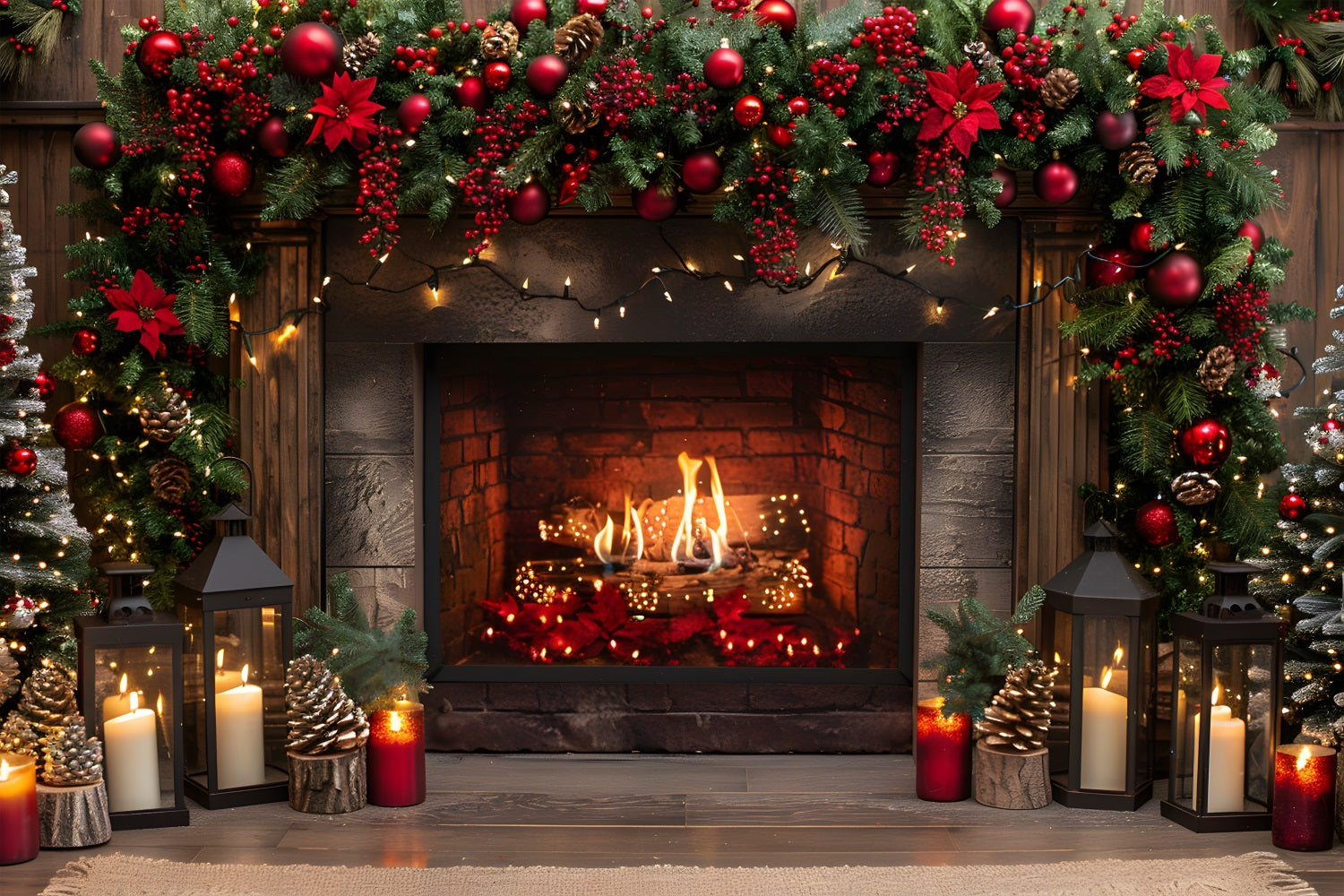 Christmas Fireplace Red Berries Lanterns Backdrop UK RR7-632