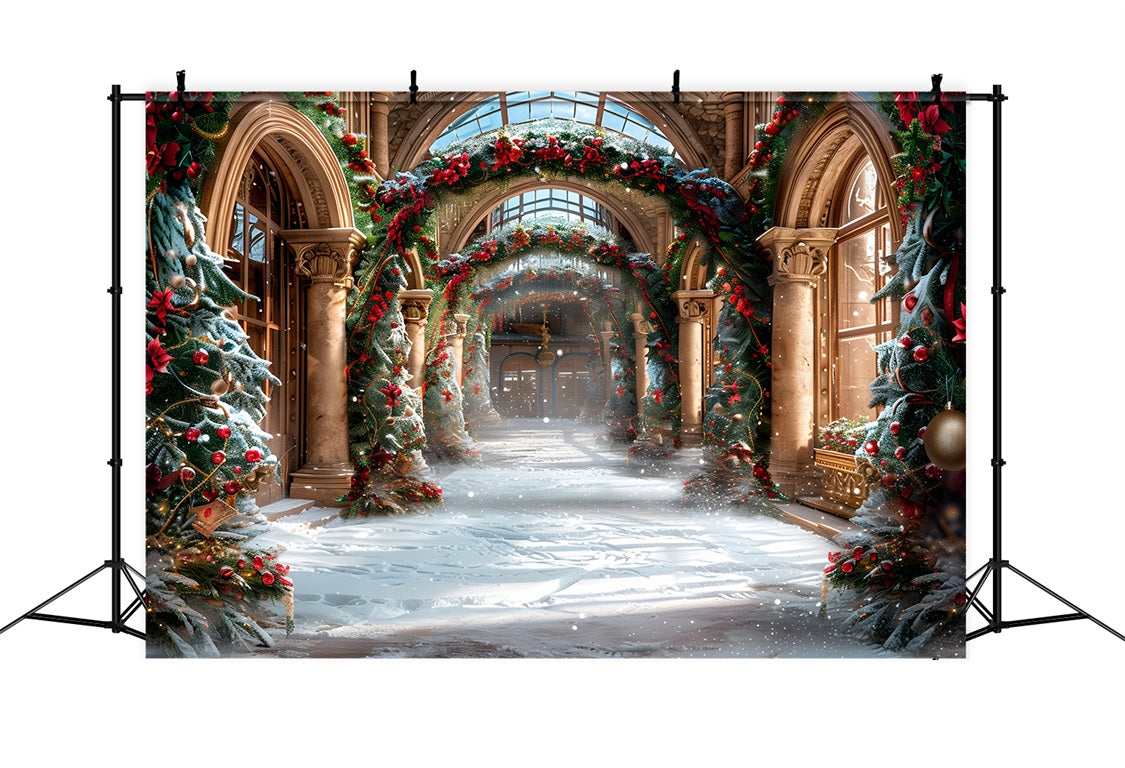 Christmas Elegant Hall with Festive Garlands Backdrop UK RR7-634