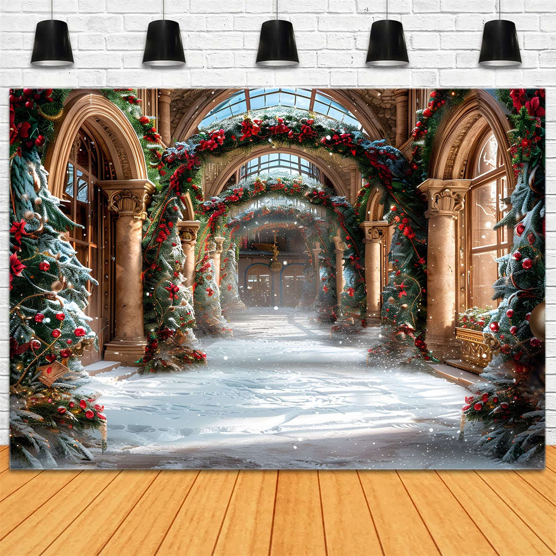 Christmas Elegant Hall with Festive Garlands Backdrop UK RR7-634