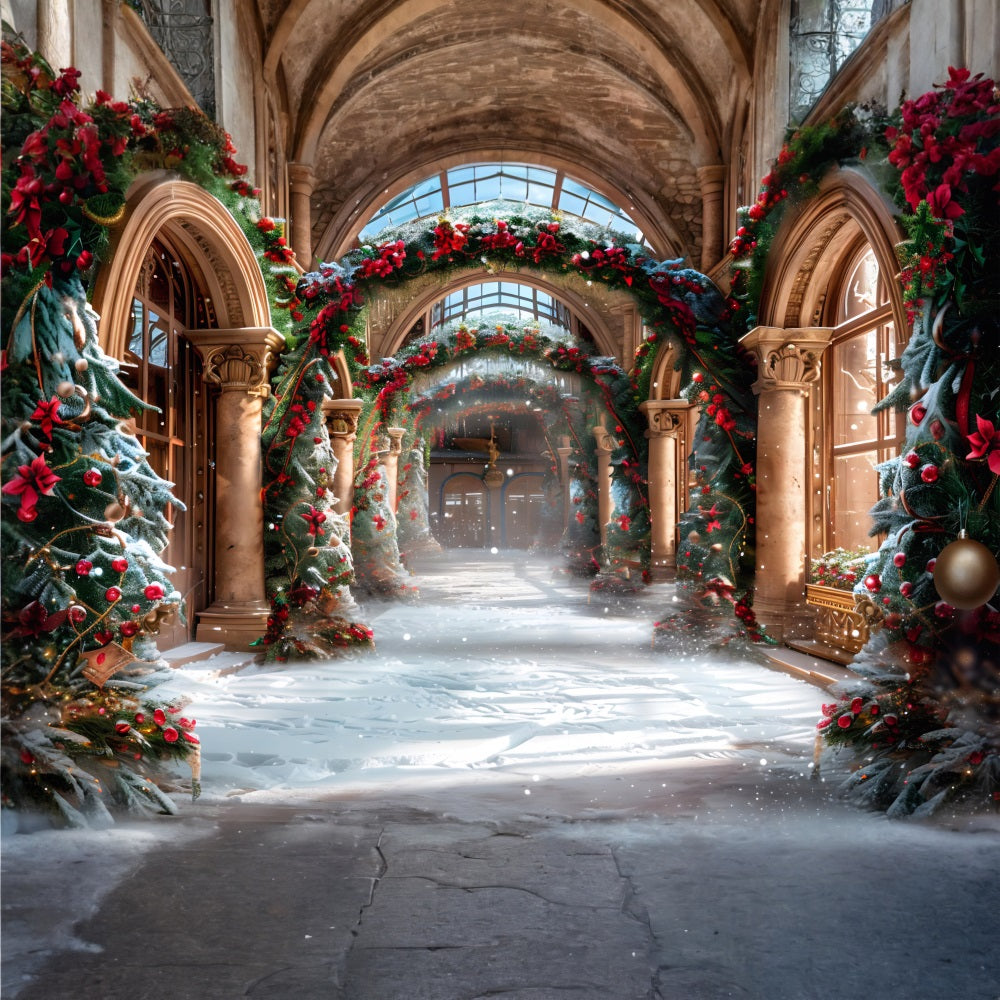 Christmas Elegant Hall with Festive Garlands Backdrop UK RR7-634