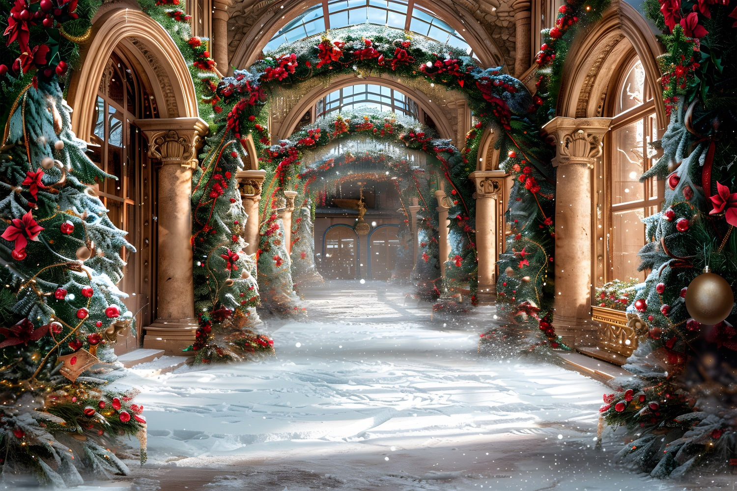 Christmas Elegant Hall with Festive Garlands Backdrop UK RR7-634