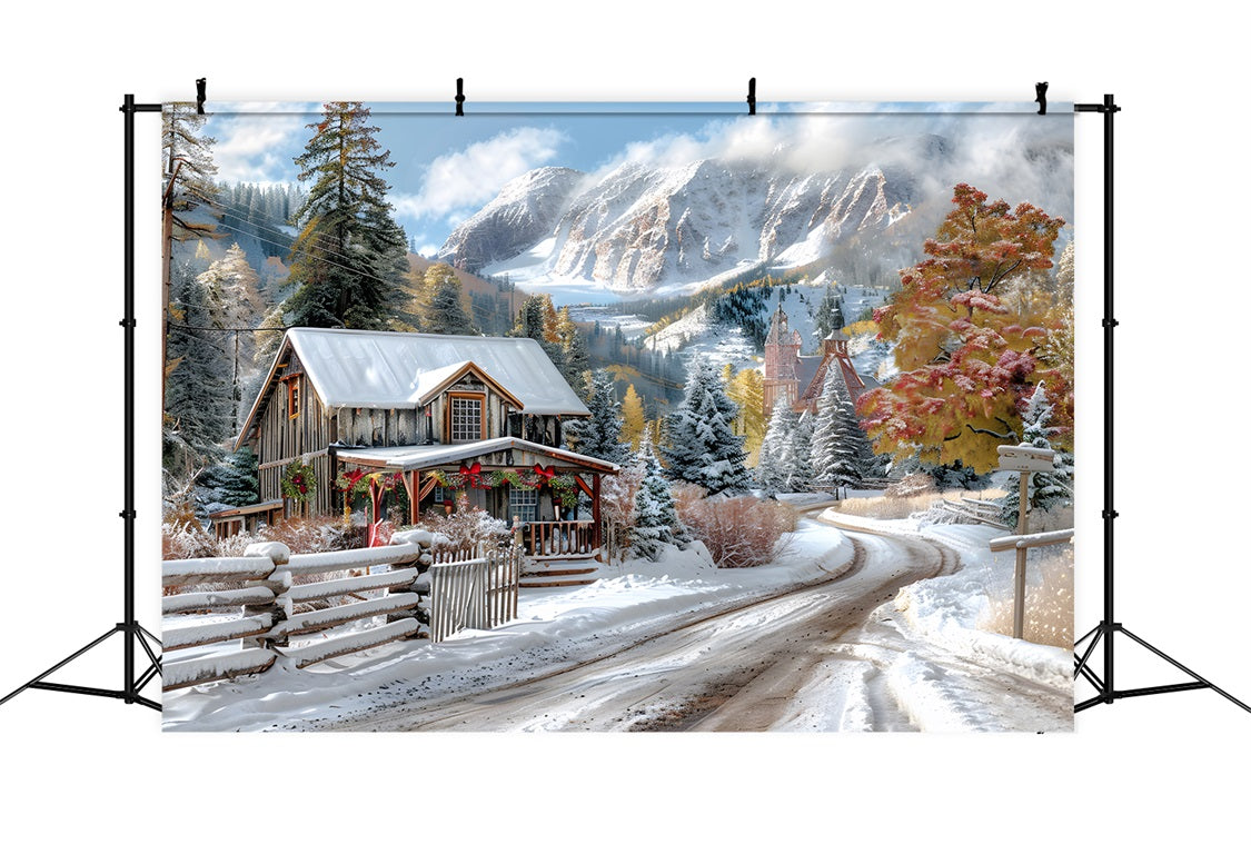 Christmas Snowy Mountain Cabin Decorations Backdrop UK RR7-640