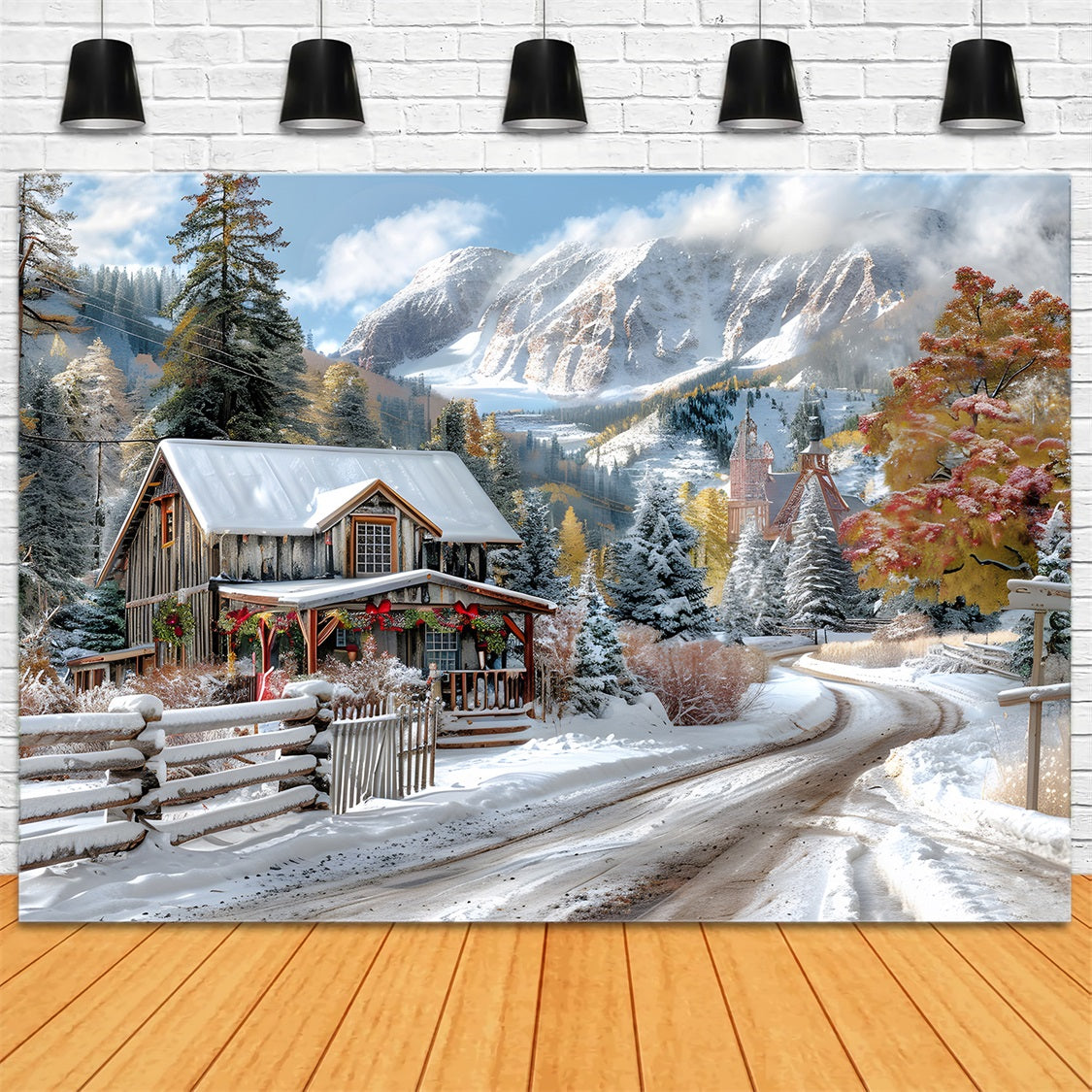 Christmas Snowy Mountain Cabin Decorations Backdrop UK RR7-640