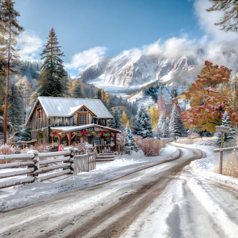 Christmas Snowy Mountain Cabin Decorations Backdrop UK RR7-640