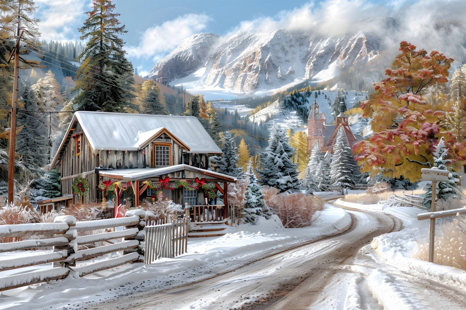 Christmas Snowy Mountain Cabin Decorations Backdrop UK RR7-640