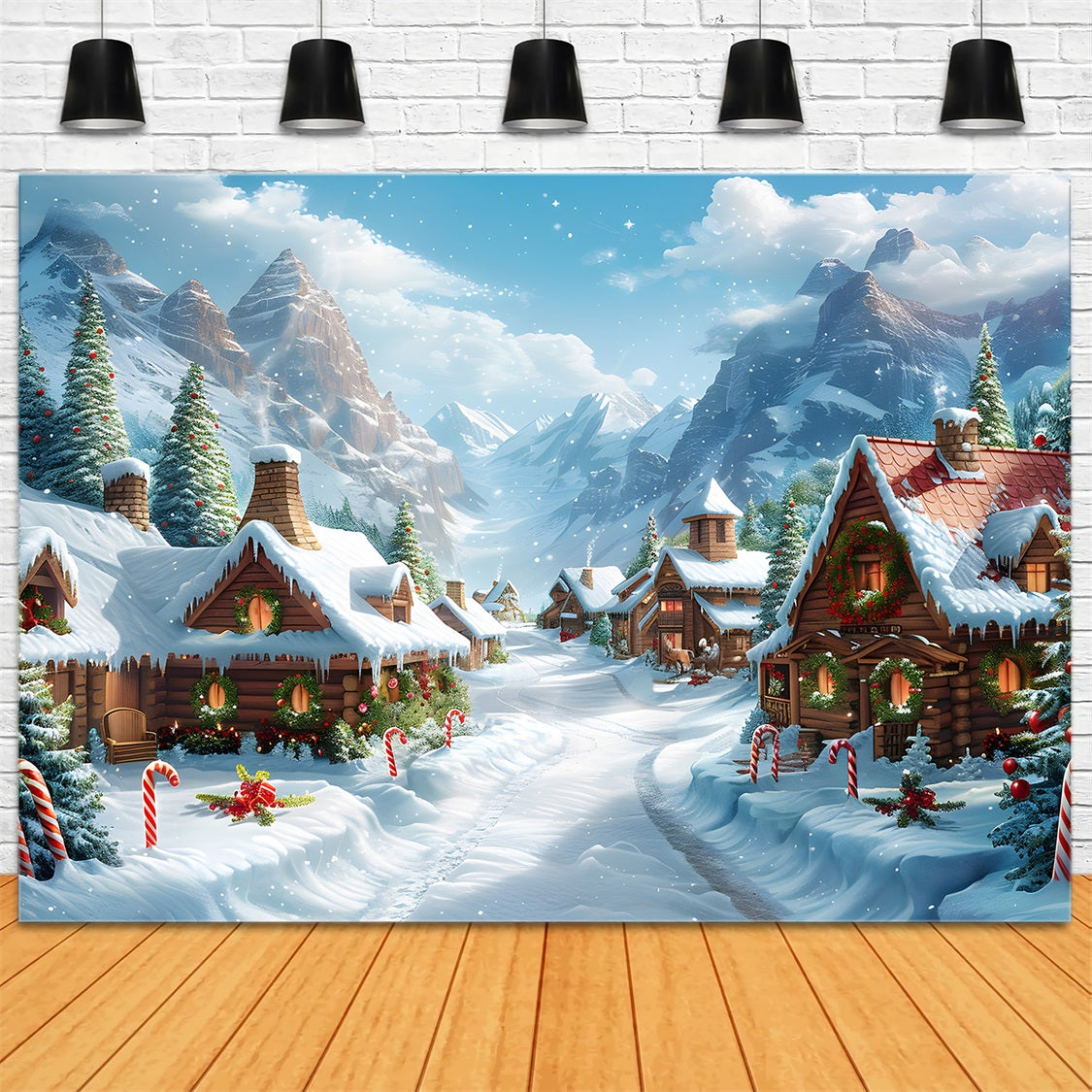 Christmas Alpine Village Festive Log Cabins Backdrop UK RR7-641