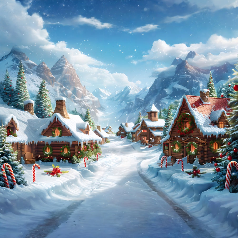 Christmas Alpine Village Festive Log Cabins Backdrop UK RR7-641