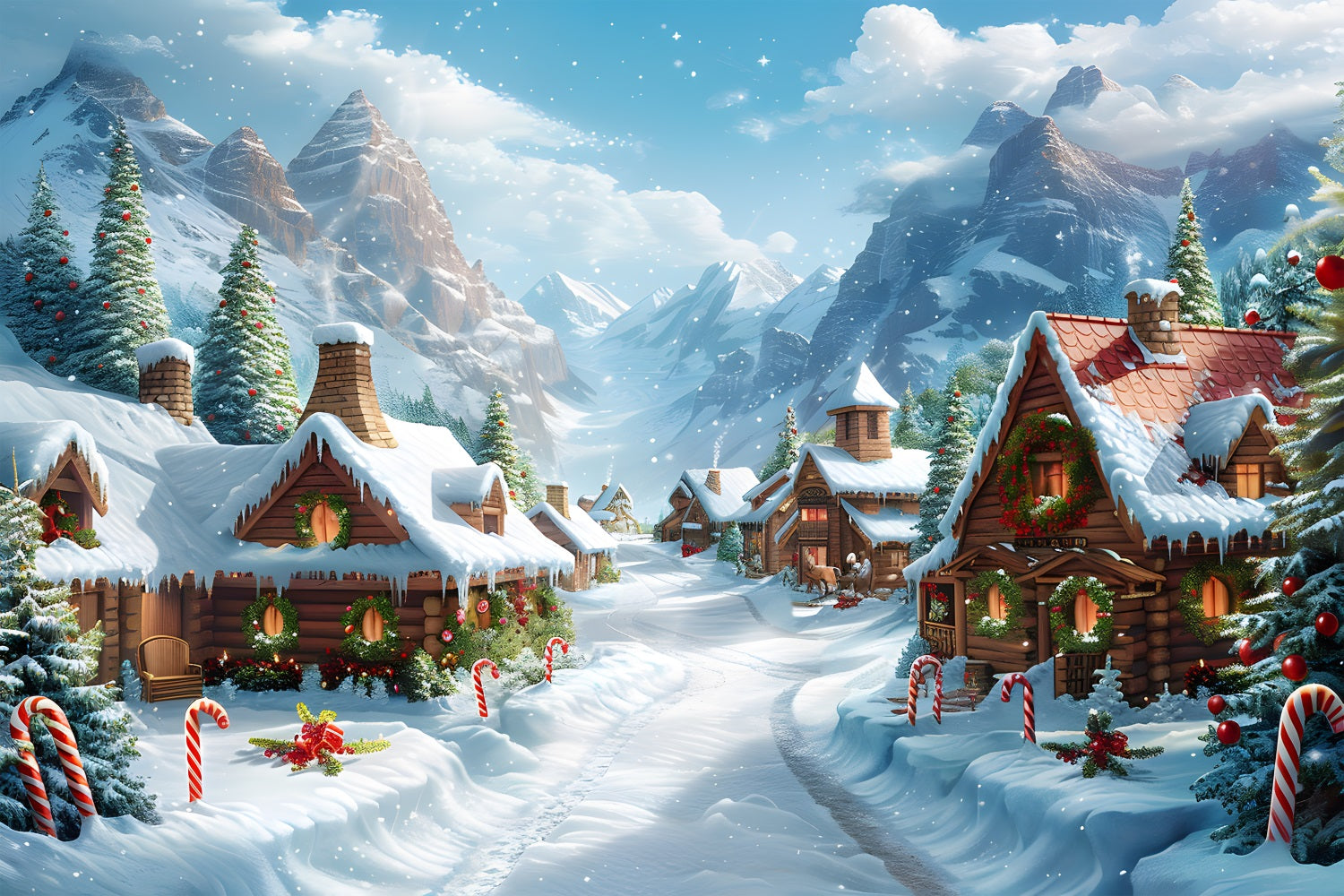 Christmas Alpine Village Festive Log Cabins Backdrop UK RR7-641