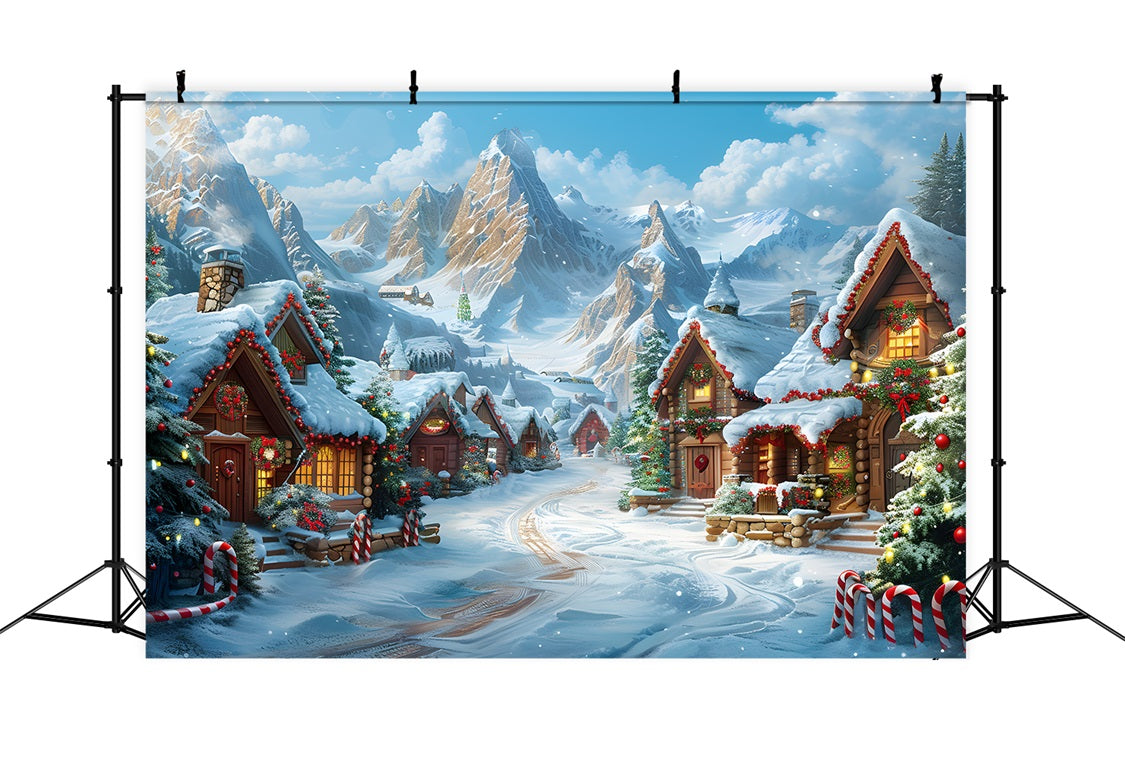 Christmas Village Snow Covered Cabins Backdrop UK RR7-642