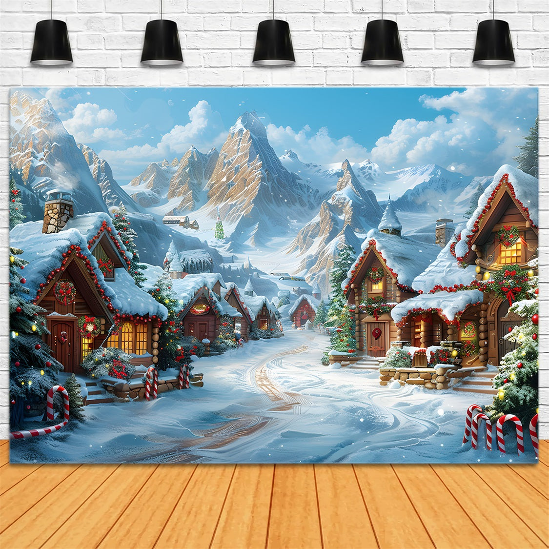 Christmas Village Snow Covered Cabins Backdrop UK RR7-642