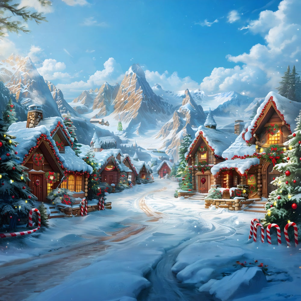 Christmas Village Snow Covered Cabins Backdrop UK RR7-642