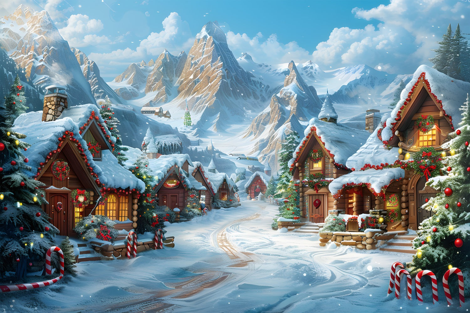 Christmas Village Snow Covered Cabins Backdrop UK RR7-642