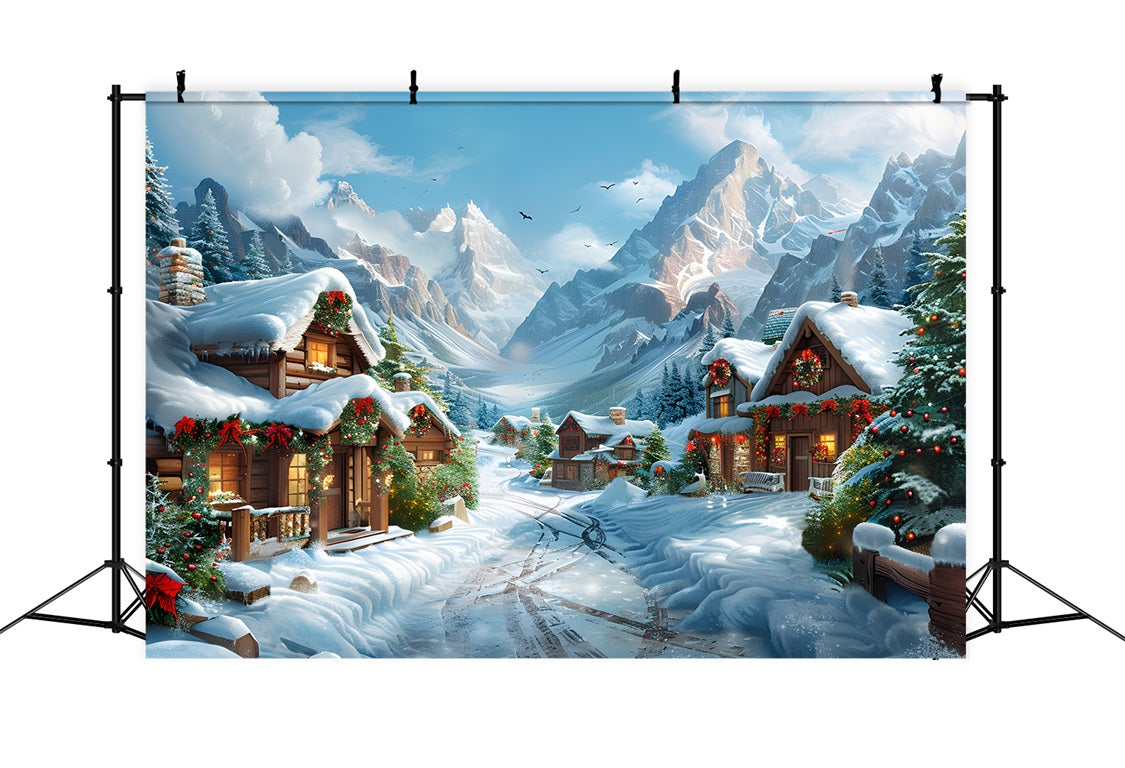 Christmas Snowy Alpine Village Scene Backdrop UK RR7-643