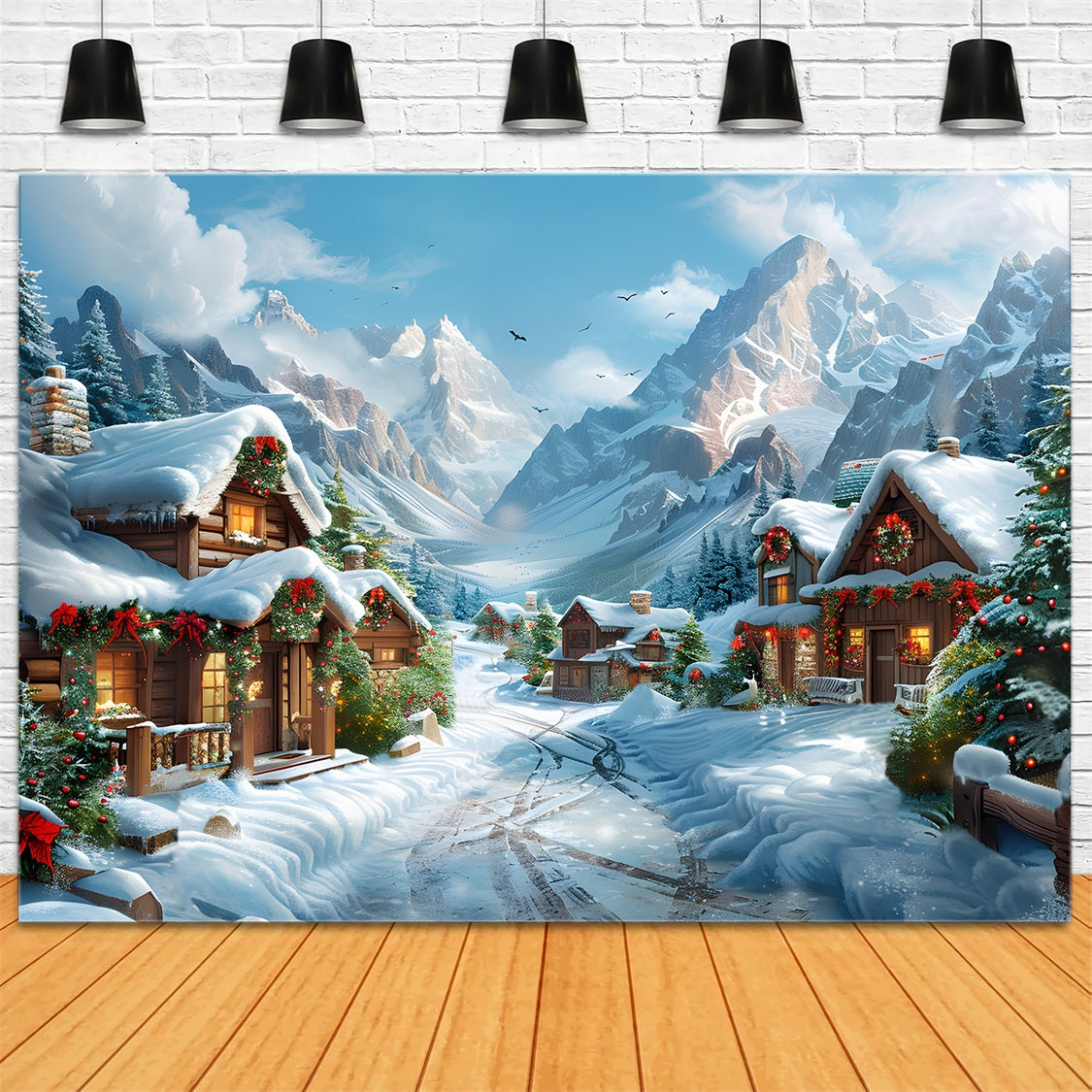 Christmas Snowy Alpine Village Scene Backdrop UK RR7-643