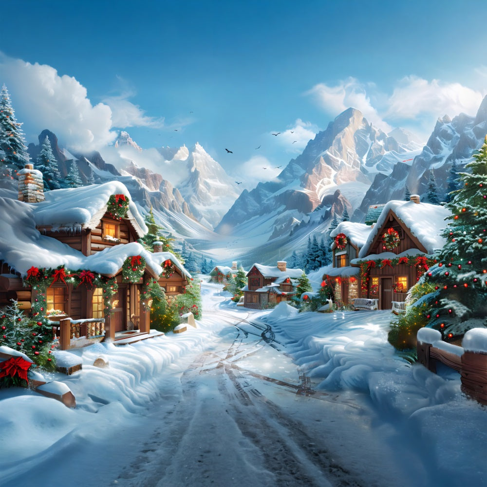 Christmas Snowy Alpine Village Scene Backdrop UK RR7-643