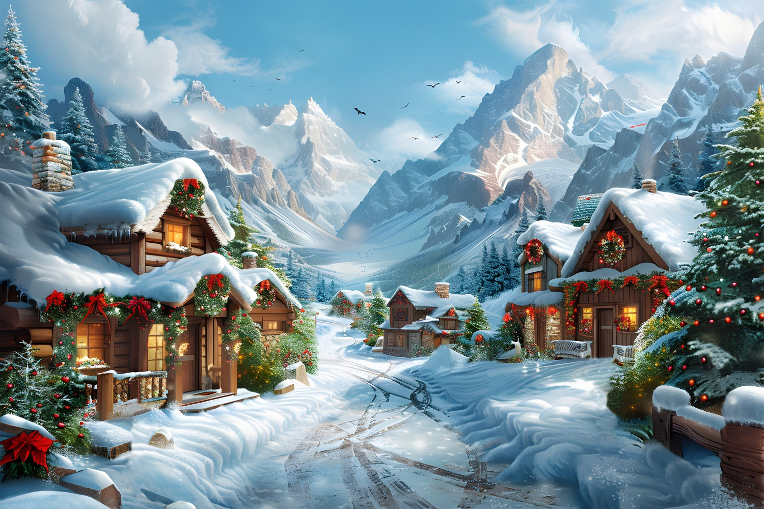 Christmas Snowy Alpine Village Scene Backdrop UK RR7-643