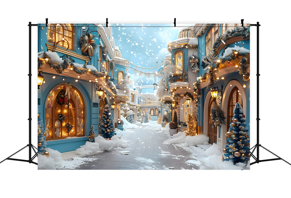 Christmas Blue Village Snowy Decorations Backdrop UK RR7-646