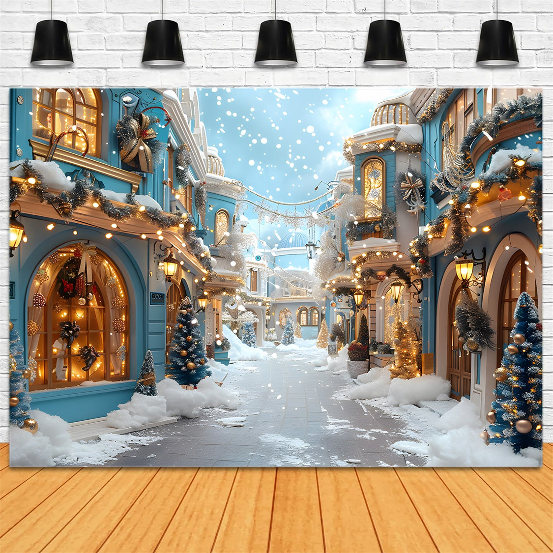 Christmas Blue Village Snowy Decorations Backdrop UK RR7-646