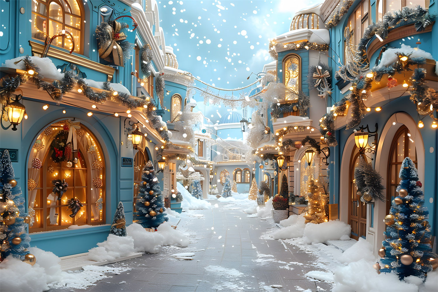 Christmas Blue Village Snowy Decorations Backdrop UK RR7-646