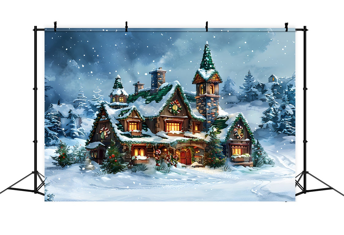 Christmas Fairy Tale Cottage Snowy Forest Backdrop UK RR7-651