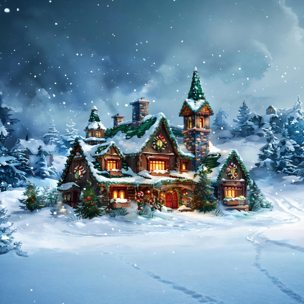 Christmas Fairy Tale Cottage Snowy Forest Backdrop UK RR7-651