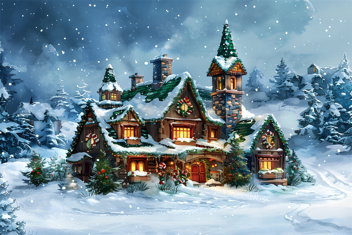 Christmas Fairy Tale Cottage Snowy Forest Backdrop UK RR7-651