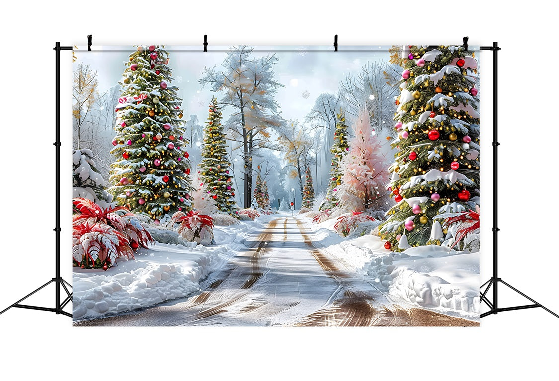 Christmas Forest Path Decorated Trees Backdrop UK RR7-652