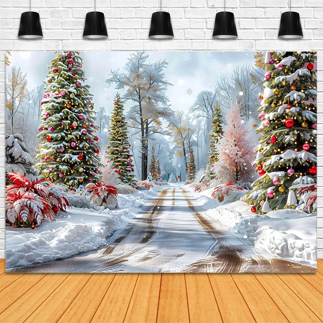 Christmas Forest Path Decorated Trees Backdrop UK RR7-652