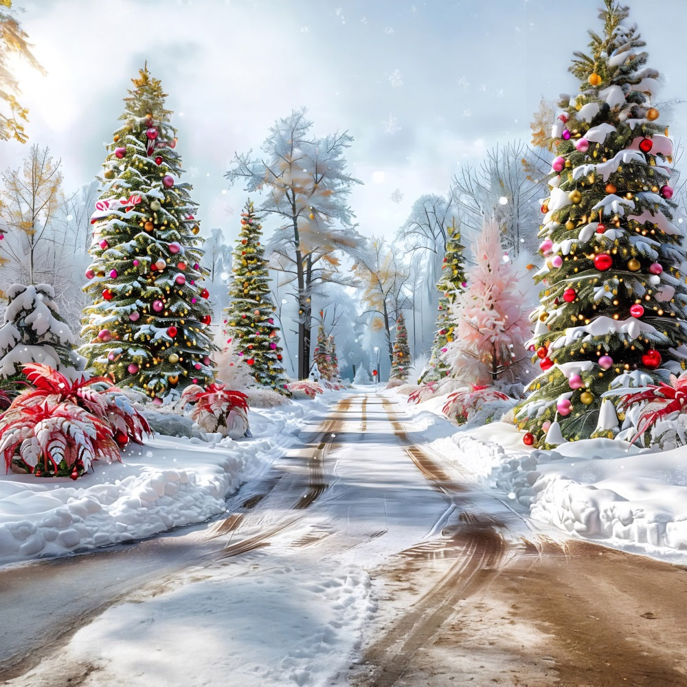 Christmas Forest Path Decorated Trees Backdrop UK RR7-652