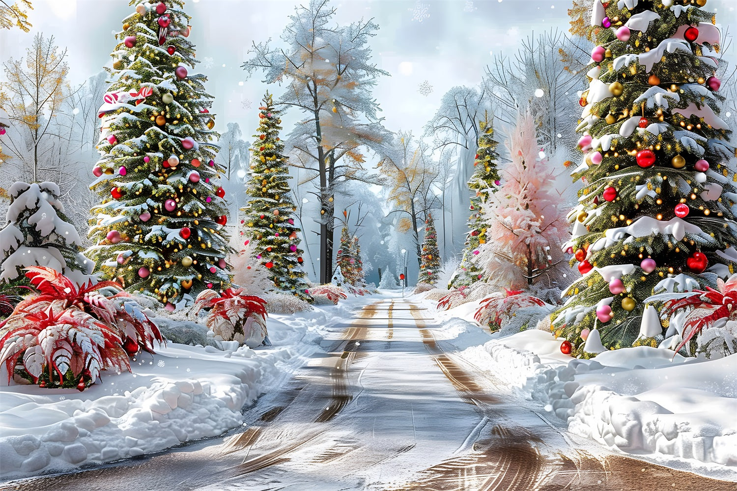 Christmas Forest Path Decorated Trees Backdrop UK RR7-652