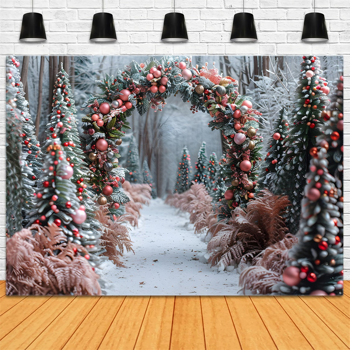 Christmas Pink Gold Ornament Archway Forest Backdrop UK RR7-653