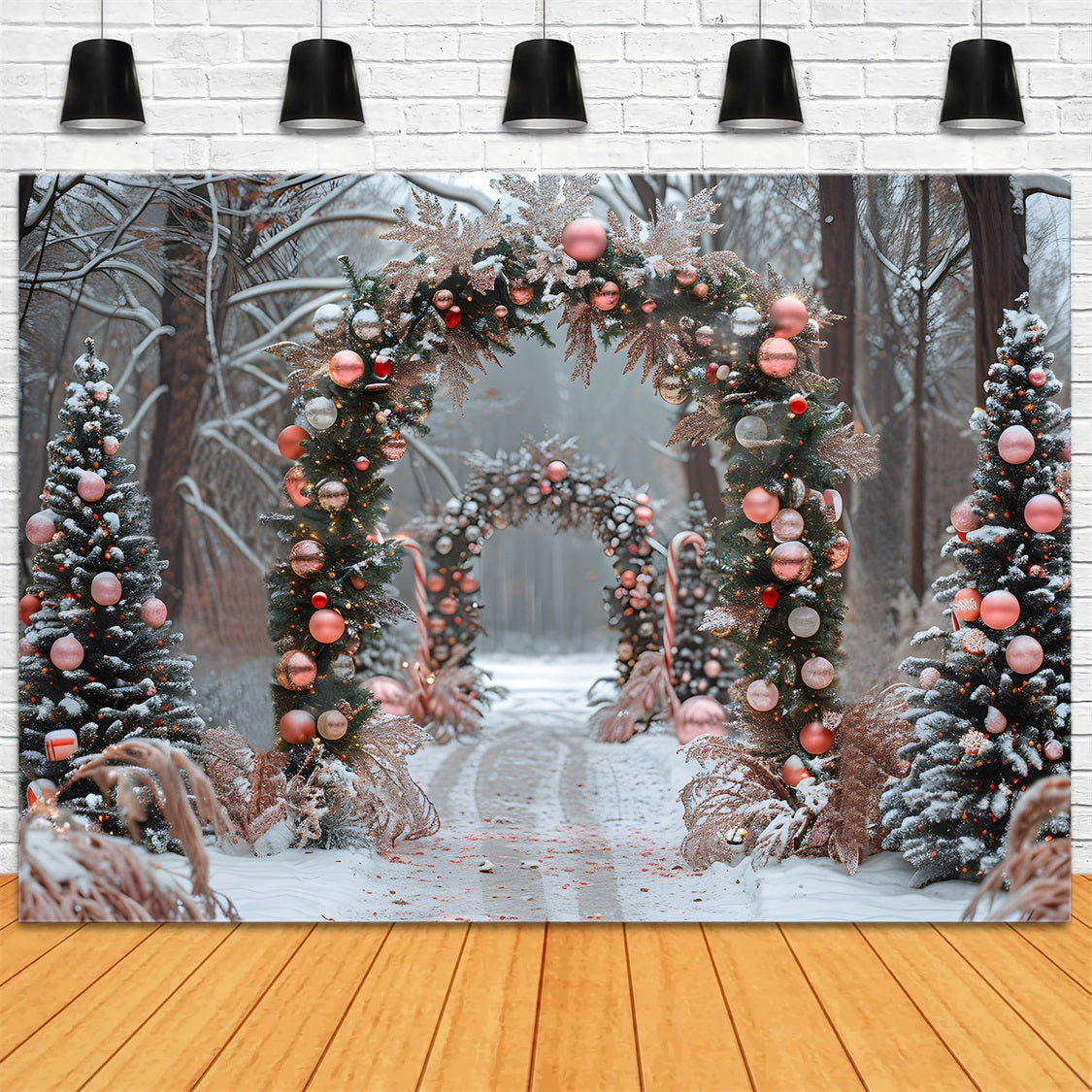 Christmas Pink Ornament Candy Cane Archway Backdrop UK RR7-655