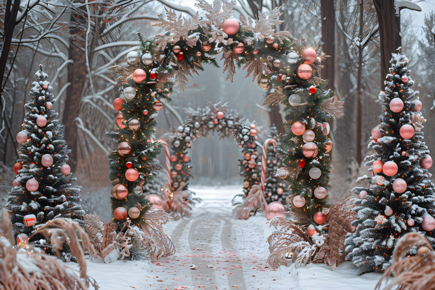 Christmas Pink Ornament Candy Cane Archway Backdrop UK RR7-655