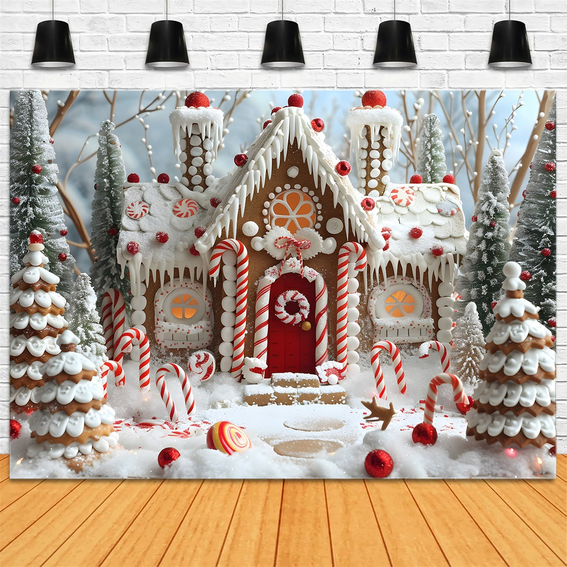 Christmas Gingerbread House Candy Cane Backdrop UK RR7-656