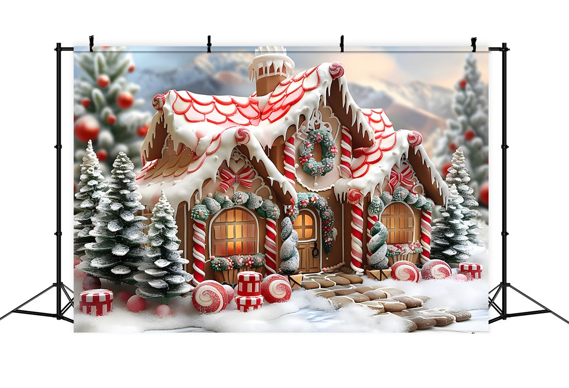 Christmas Candy Cane Gingerbread Cottage Backdrop UK RR7-659