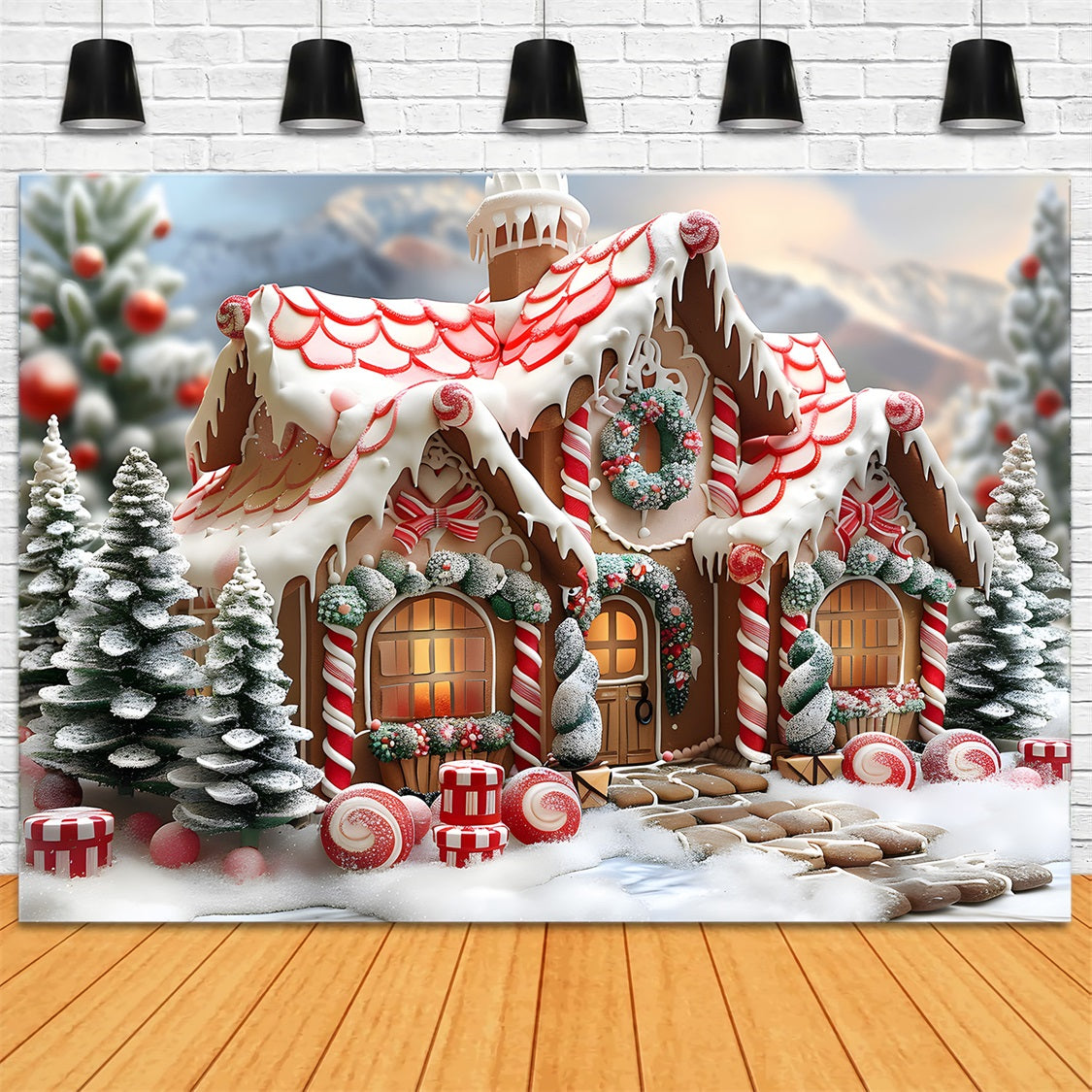 Christmas Candy Cane Gingerbread Cottage Backdrop UK RR7-659