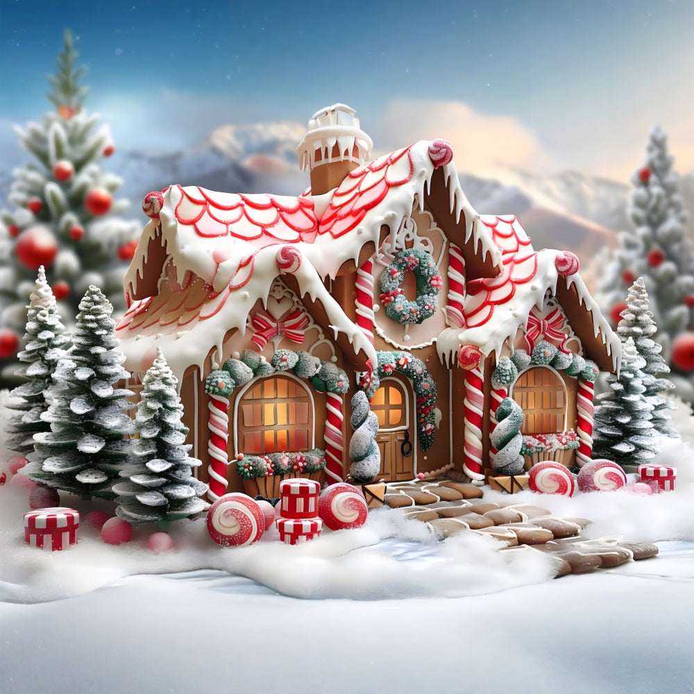 Christmas Candy Cane Gingerbread Cottage Backdrop UK RR7-659