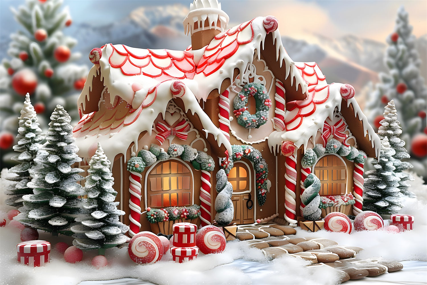 Christmas Candy Cane Gingerbread Cottage Backdrop UK RR7-659