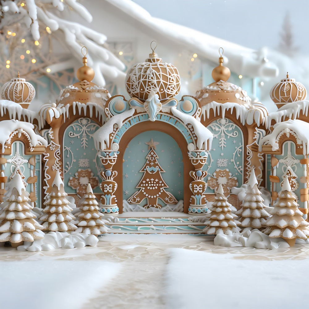 Christmas Gingerbread Castle Snowy Trees Backdrop UK RR7-662