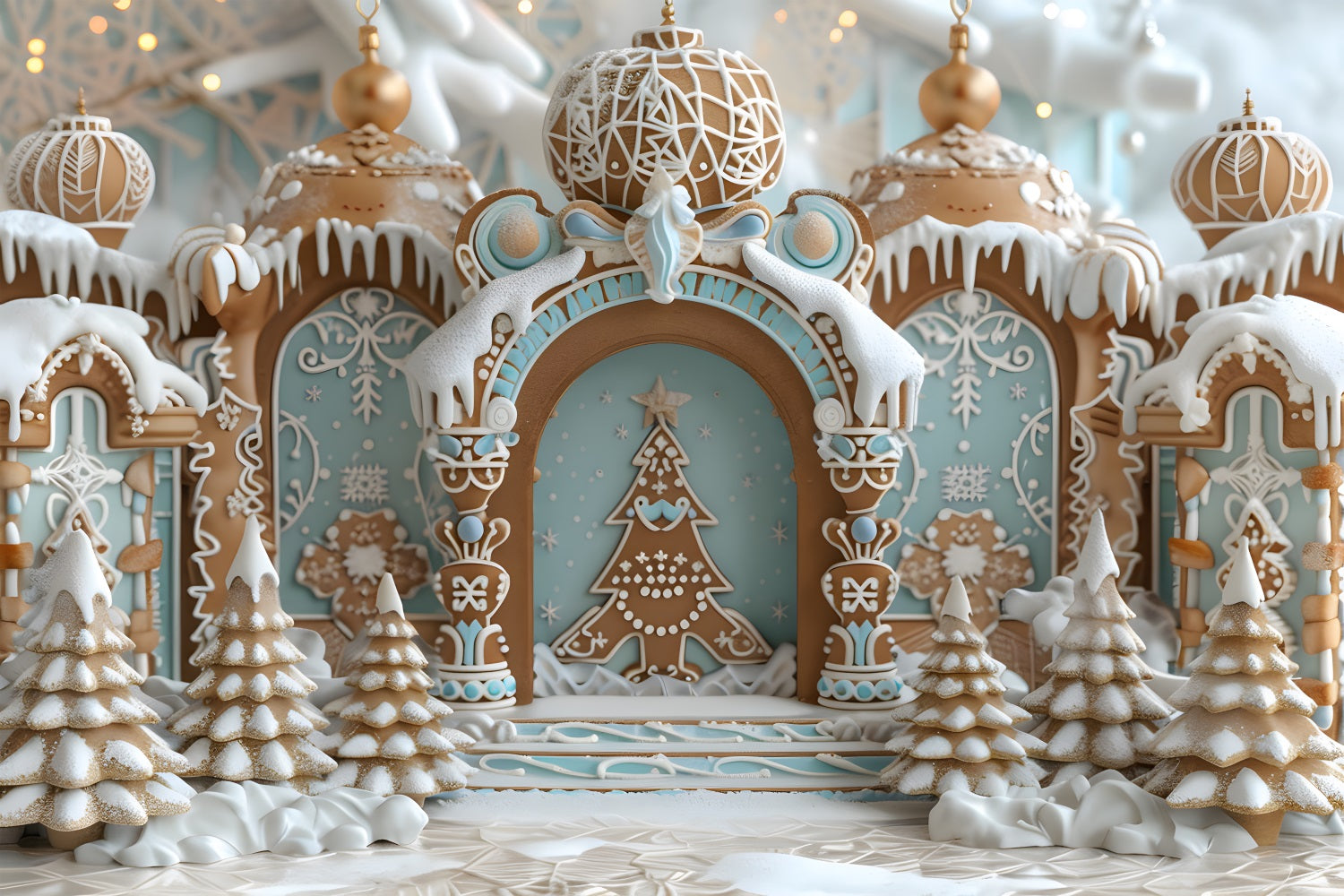 Christmas Gingerbread Castle Snowy Trees Backdrop UK RR7-662