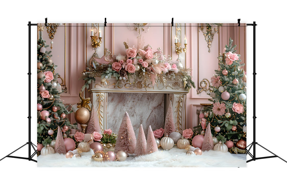 Christmas Pink Elegant Fireplace Trees Backdrop UK RR7-663