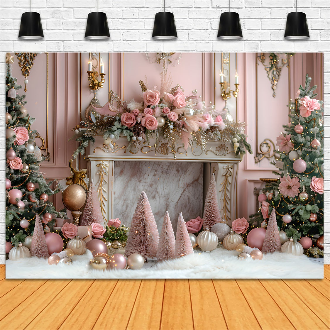 Christmas Pink Elegant Fireplace Trees Backdrop UK RR7-663