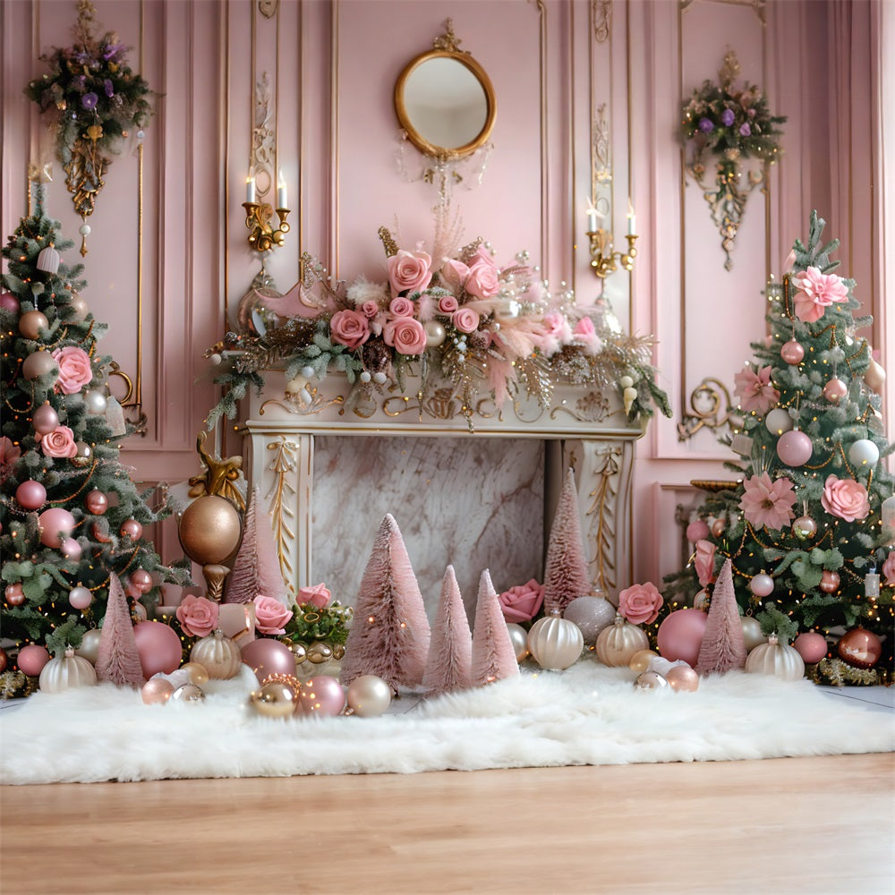 Christmas Pink Elegant Fireplace Trees Backdrop UK RR7-663