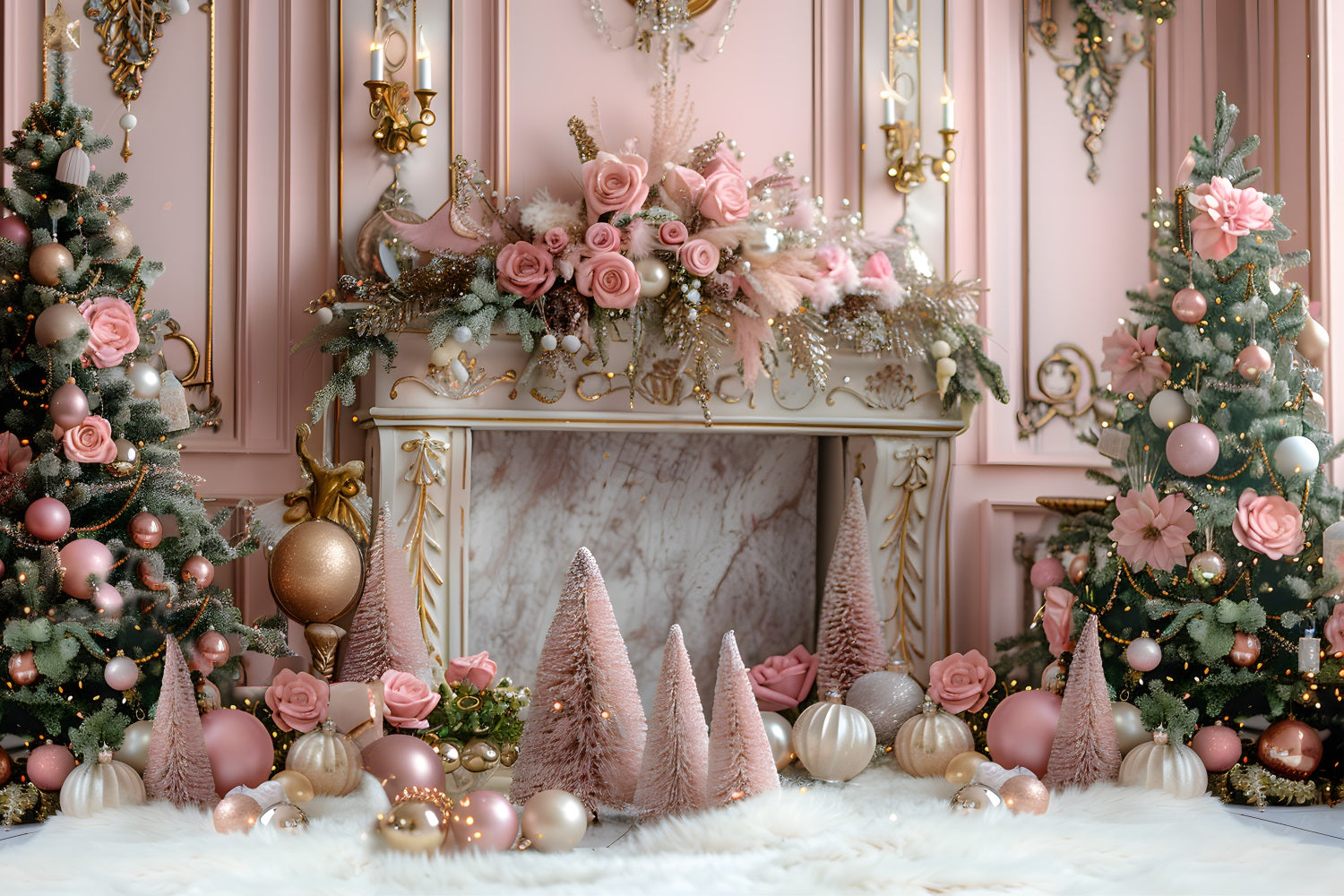 Christmas Pink Elegant Fireplace Trees Backdrop UK RR7-663