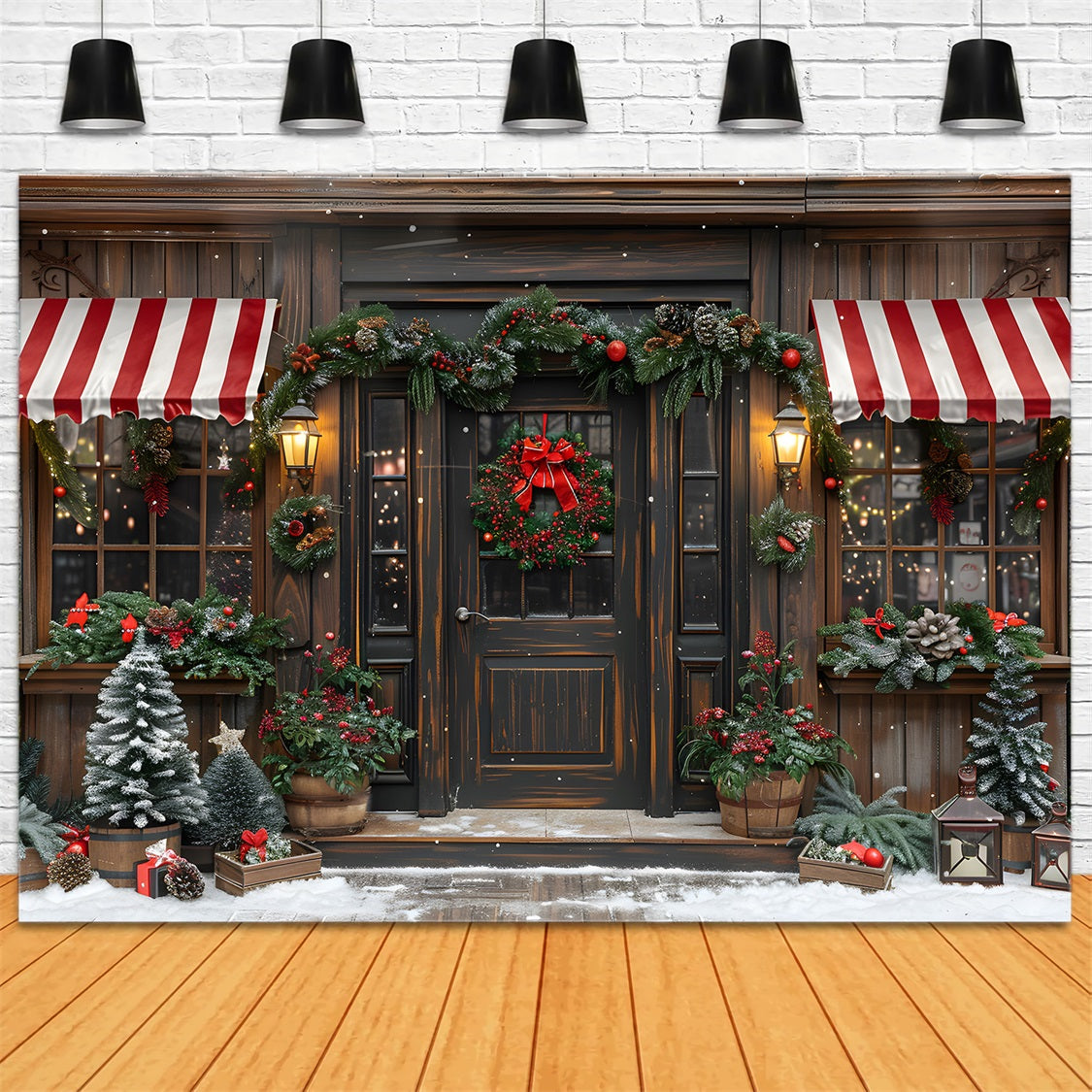 Christmas Rustic Storefront Festive Wreath Backdrop UK RR7-666