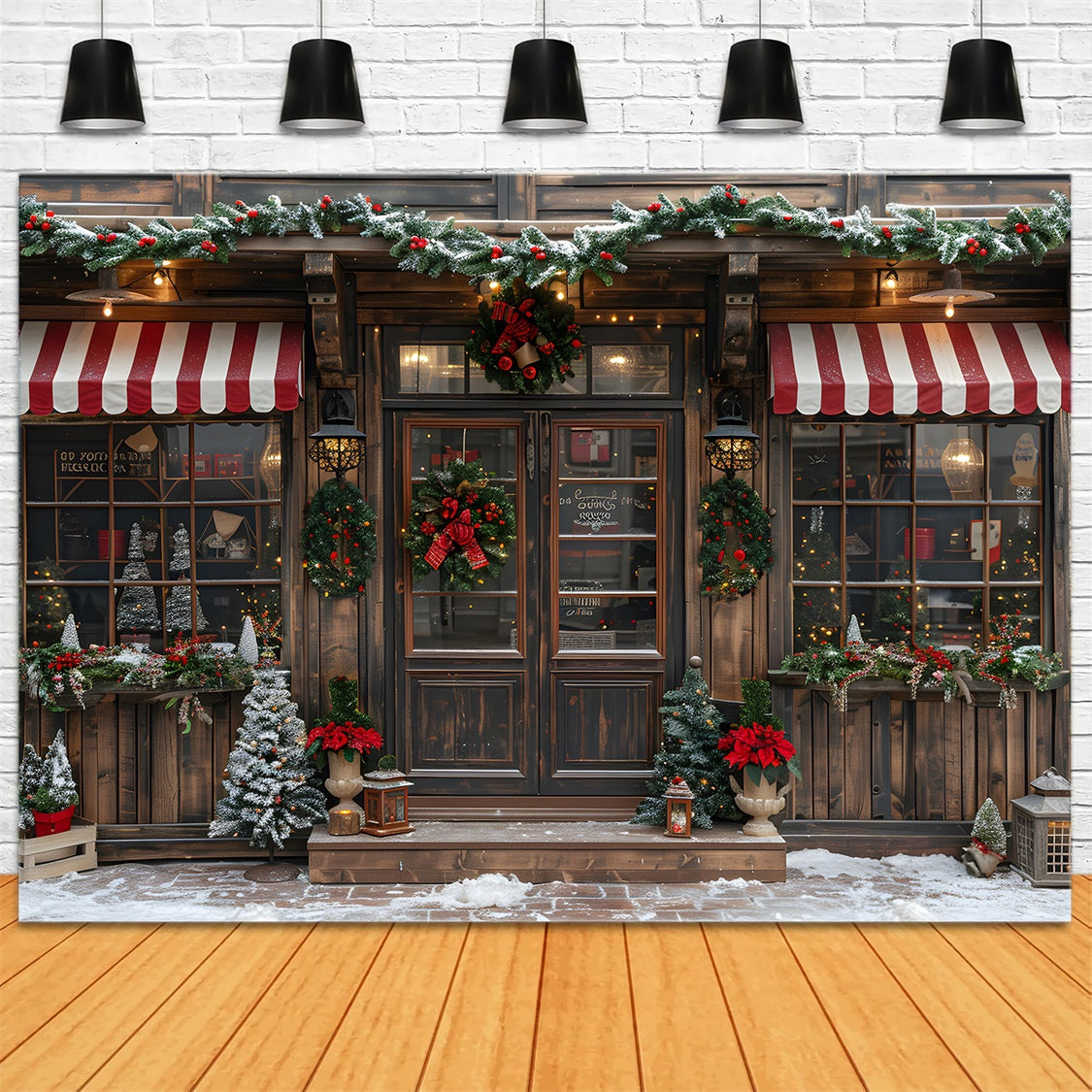 Christmas Vintage Shopfront Holiday Garland Backdrop UK RR7-667