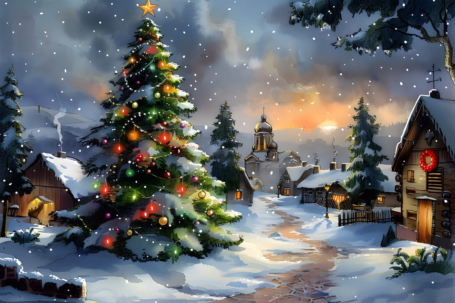 Christmas Village with Starry Tree Backdrop UK RR7-670