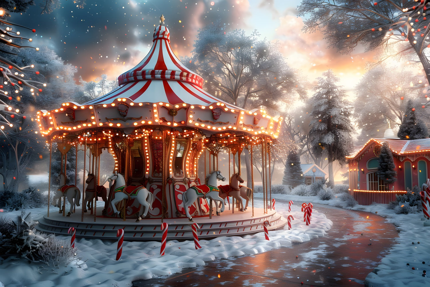 Christmas Carousel Dusk Winter Wonderland Backdrop UK RR7-675