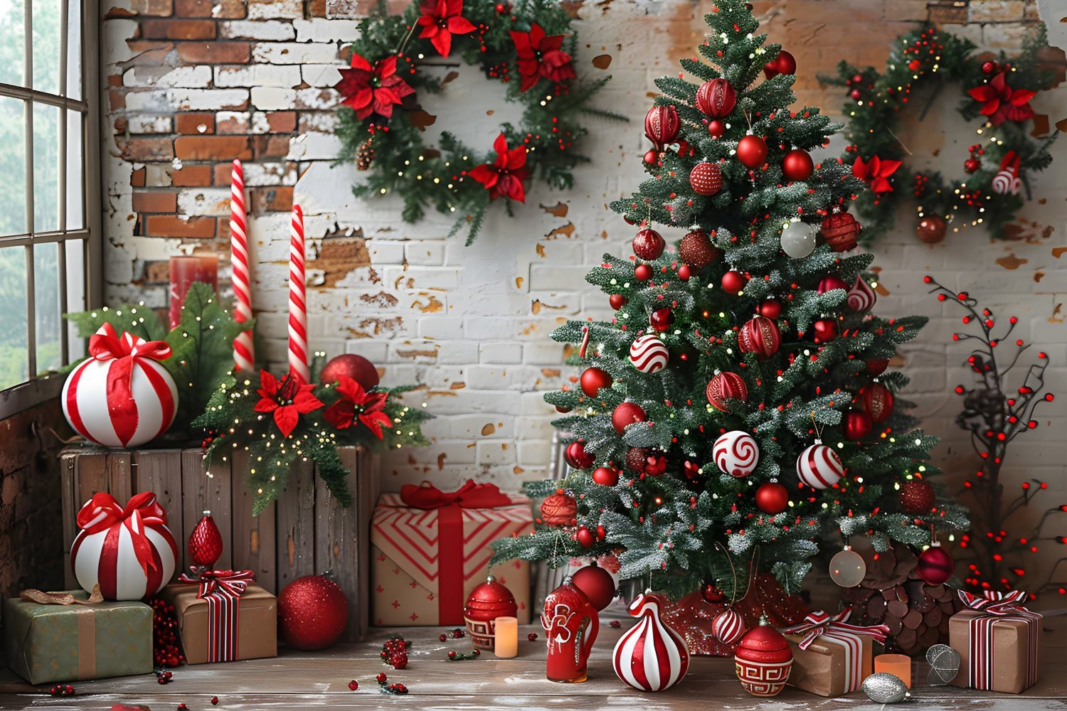 Christmas Brick Wall Red White Decorations Backdrop UK RR7-676